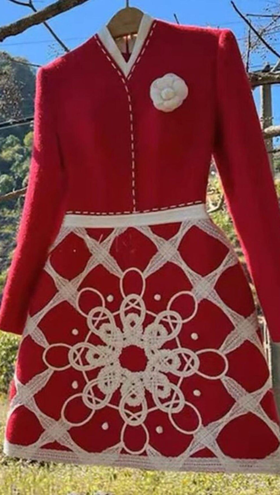 STAND COLLAR LONG SLEEVE HIGH WAIST PATCHWORK EMBROIDERY MINI DRESS