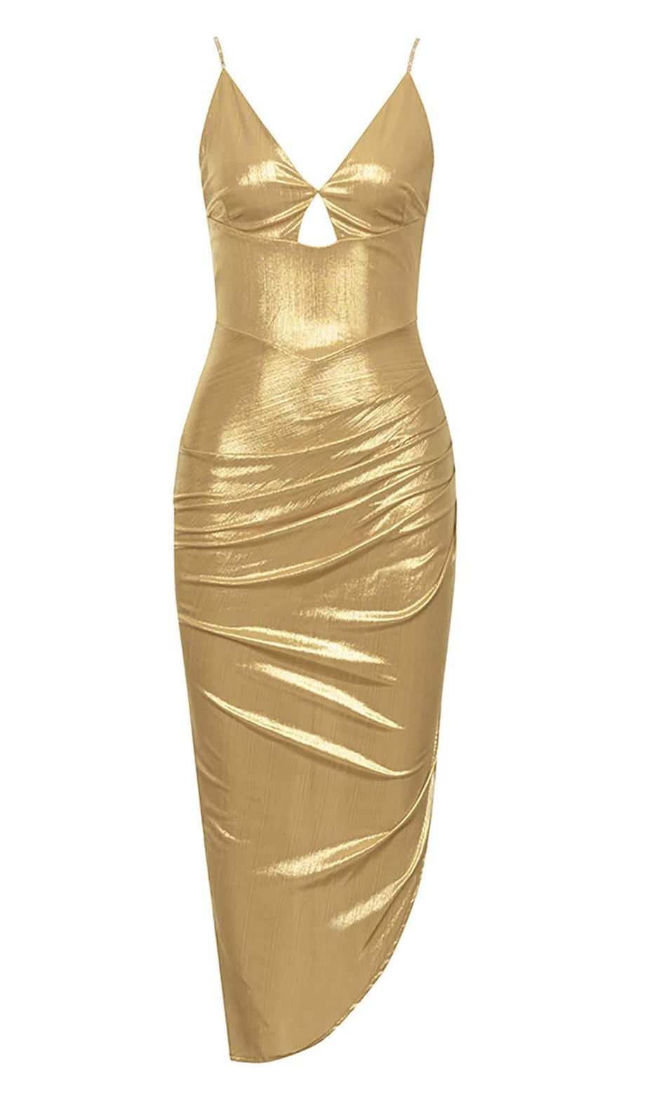HÜFTWICKEL-MIDIKLEID MIT SCHLITZ IN GOLD