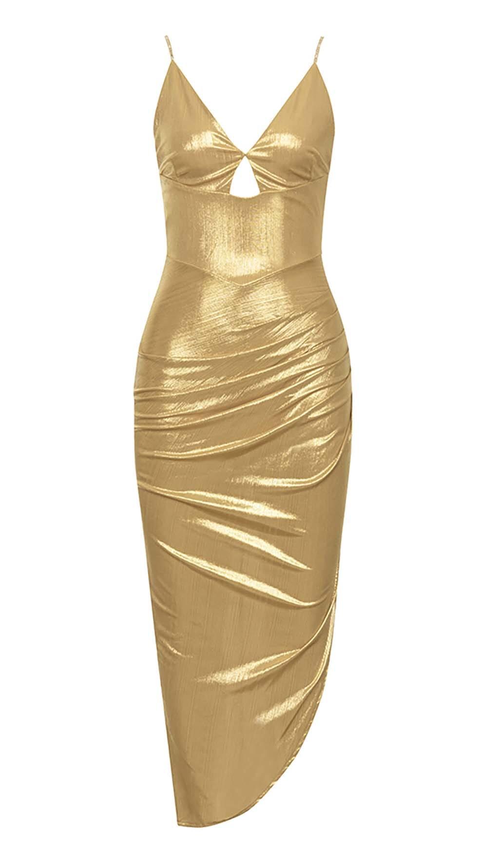 HÜFTWICKEL-MIDIKLEID MIT SCHLITZ IN GOLD