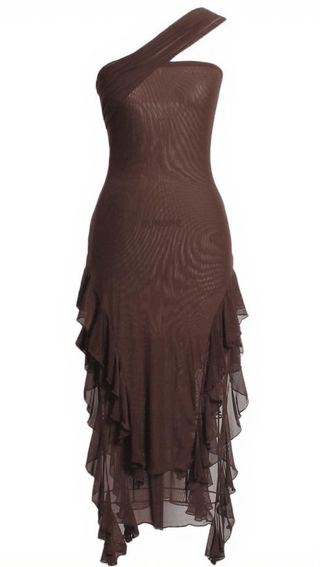 KASSIANI ASYMMETRIC SEE THROUGH RUFFLE DRESS