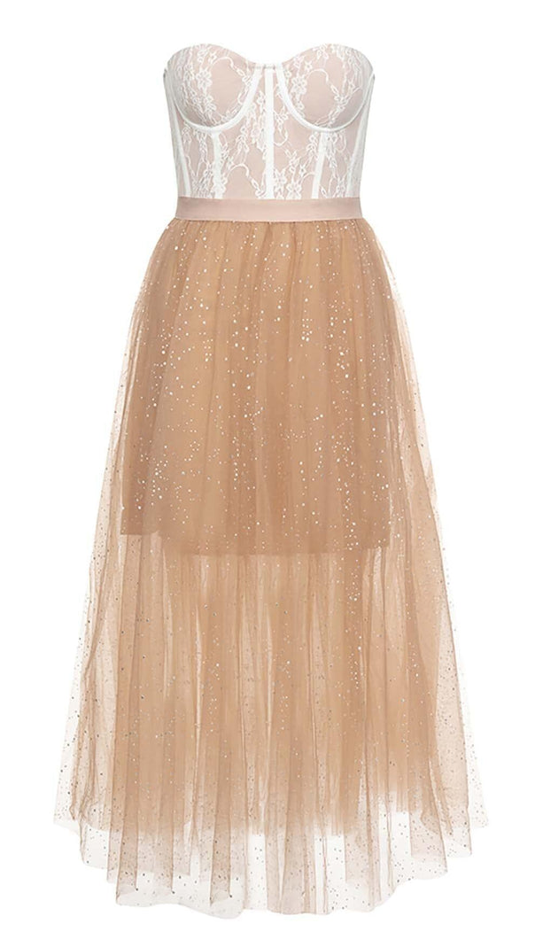 AIIZIE LACE CORSET HEM MIDI DRESS IN BROWN - product image