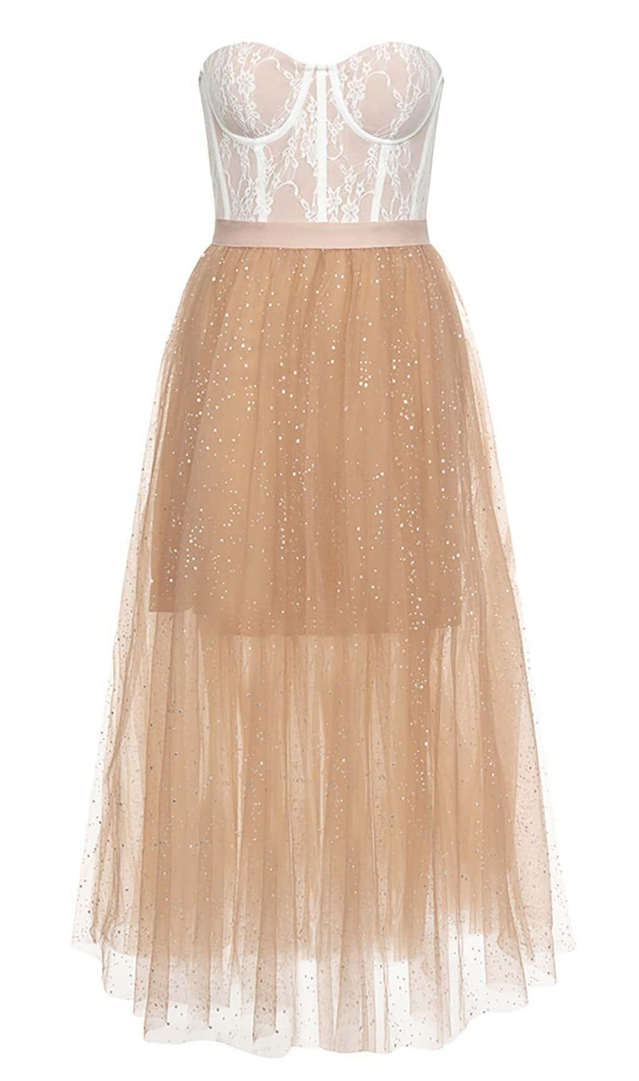 ABITO MIDI CON ORLO A CORSETTO IN PIZZO MARRONE