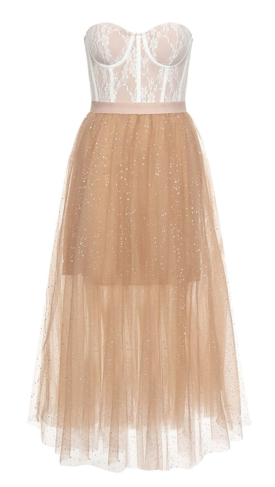 MIDIKLEID MIT SPITZENKORSETTSAUM IN BRAUN