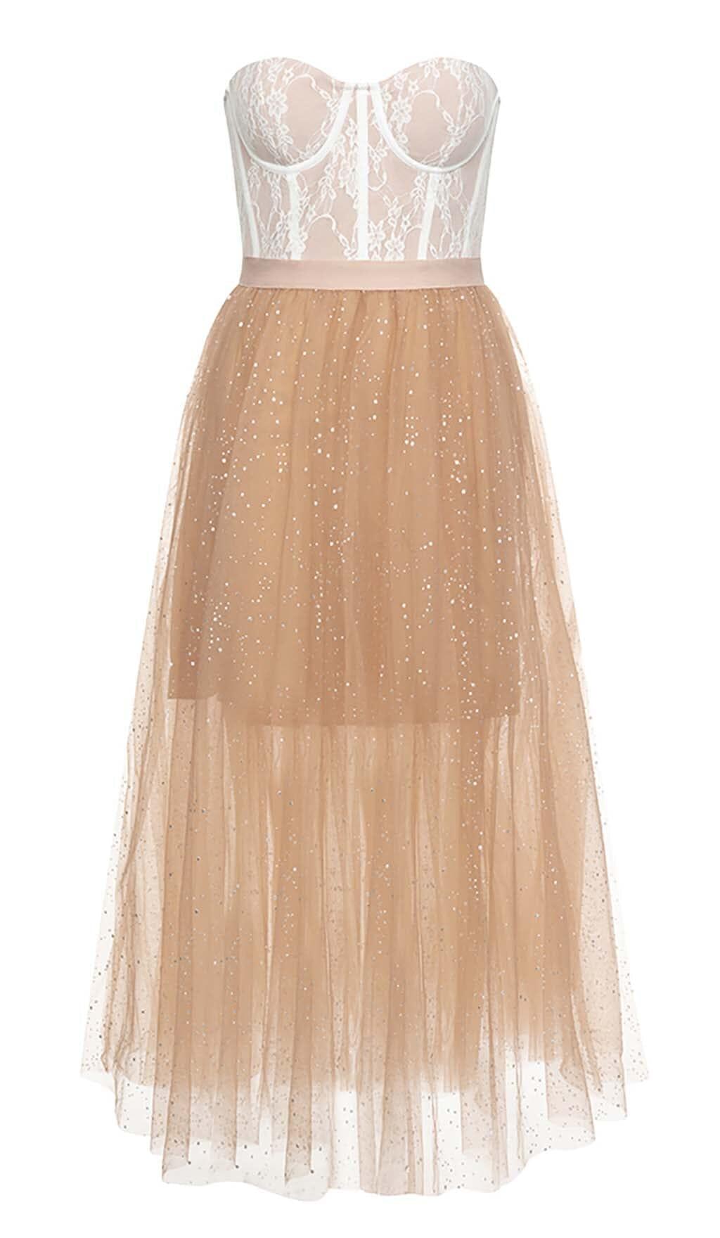 MIDIKLEID MIT SPITZENKORSETTSAUM IN BRAUN