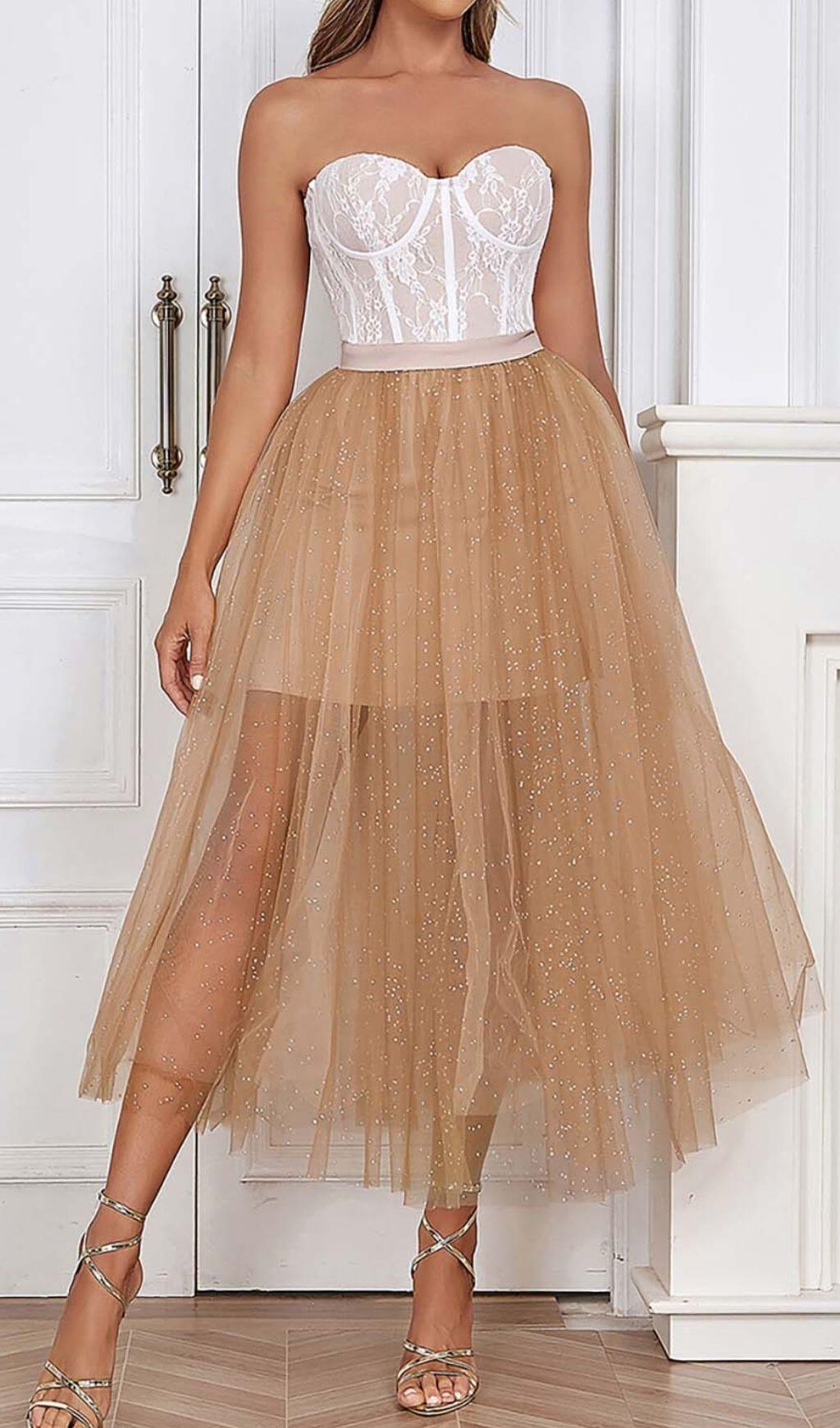 MIDIKLEID MIT SPITZENKORSETTSAUM IN BRAUN