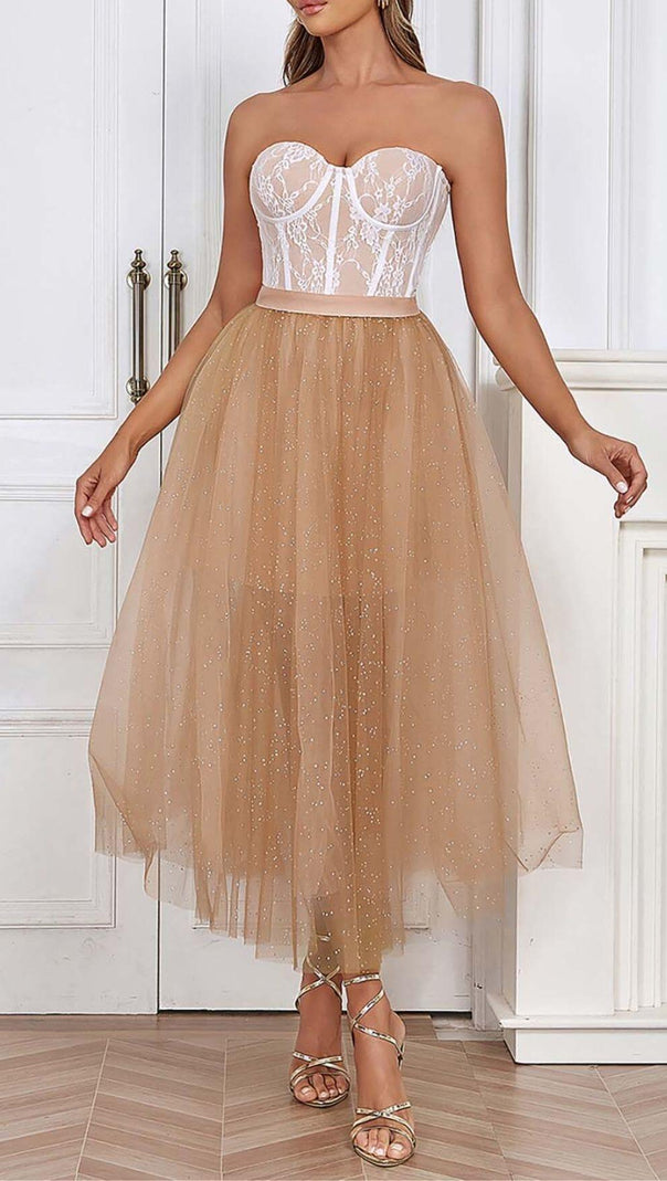 AIIZIE LACE CORSET HEM MIDI DRESS IN BROWN - product image