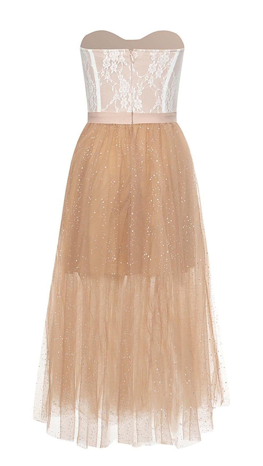 MIDIKLEID MIT SPITZENKORSETTSAUM IN BRAUN