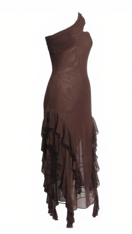 KASSIANI ASYMMETRIC SEE THROUGH RUFFLE DRESS