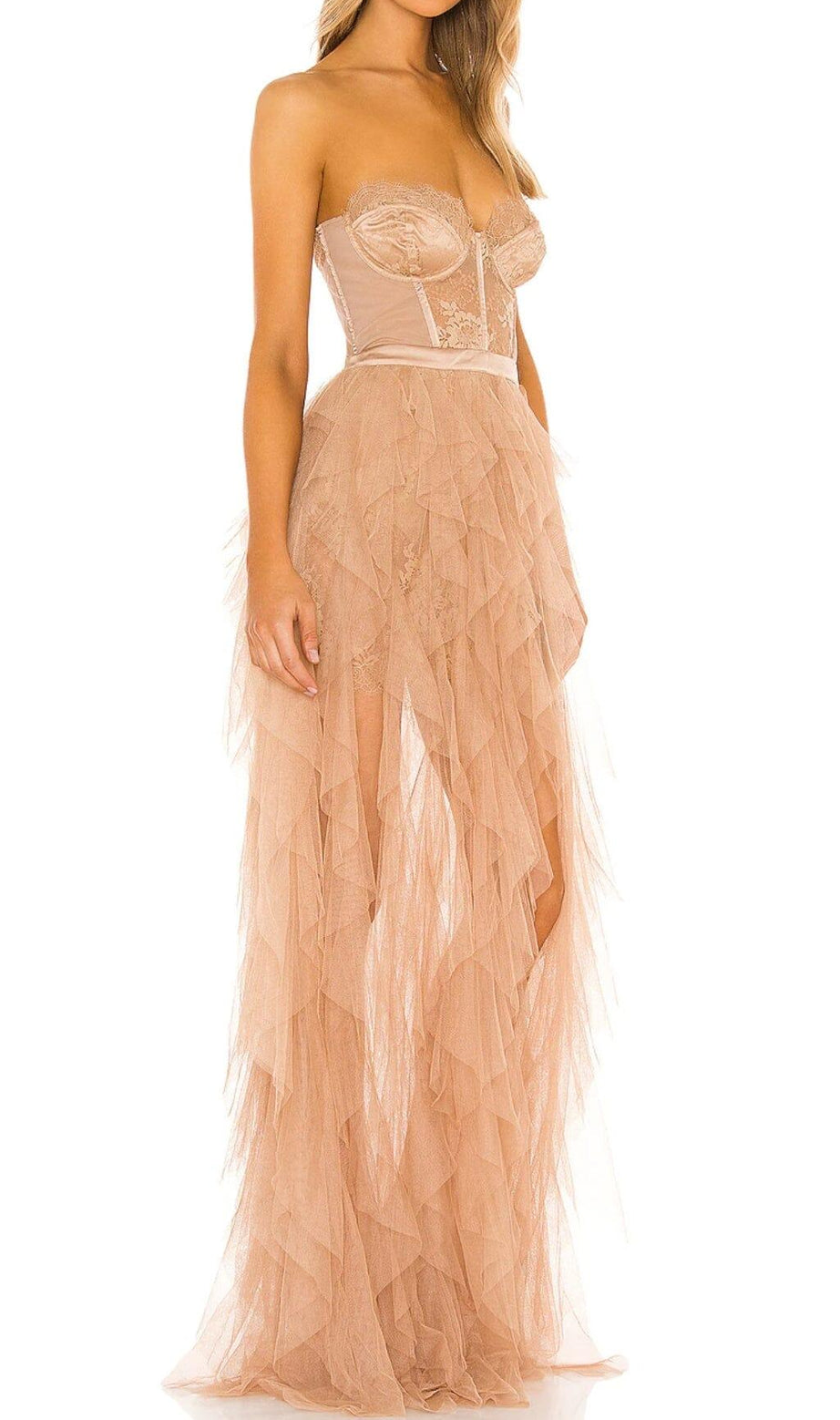 SCHLANKES MIDIKLEID AUS SPITZENKORSETT IN HELLORANGE