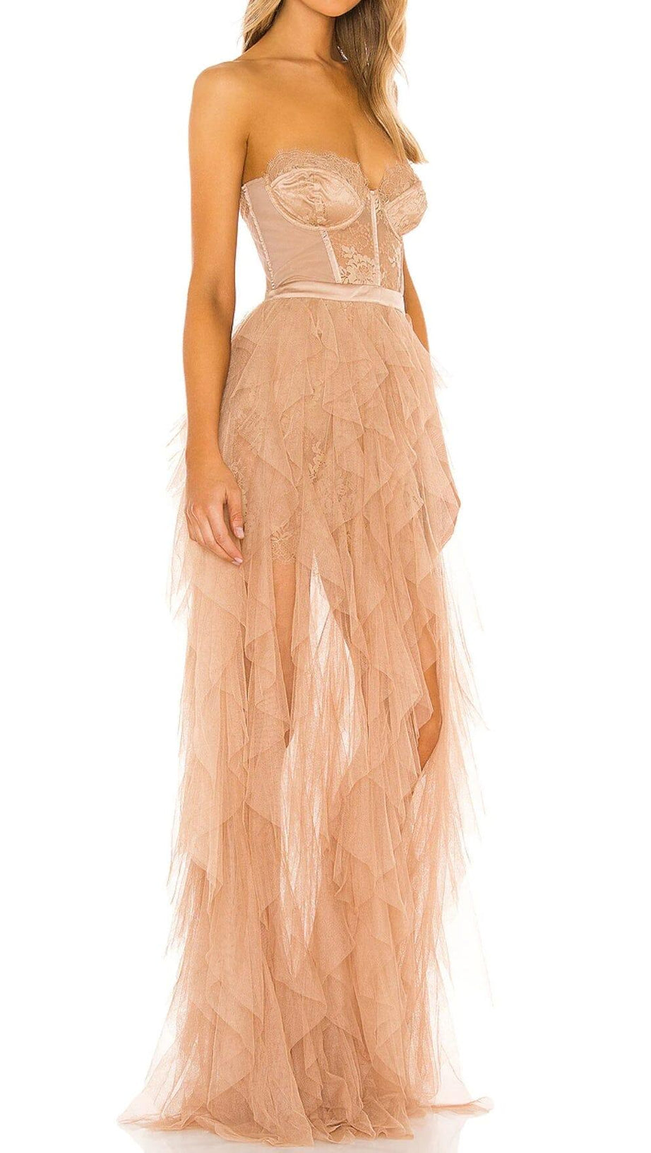 SCHLANKES MIDIKLEID AUS SPITZENKORSETT IN HELLORANGE
