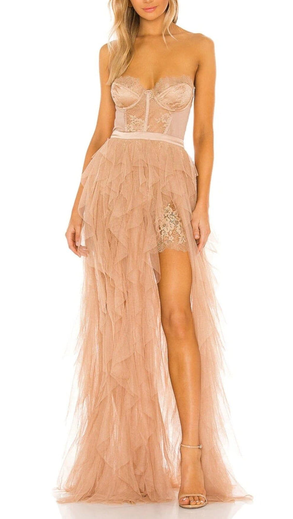 AIIZIE LACE CORSET SLIM MIDI DRESS IN LIGHT ORANGE - product image