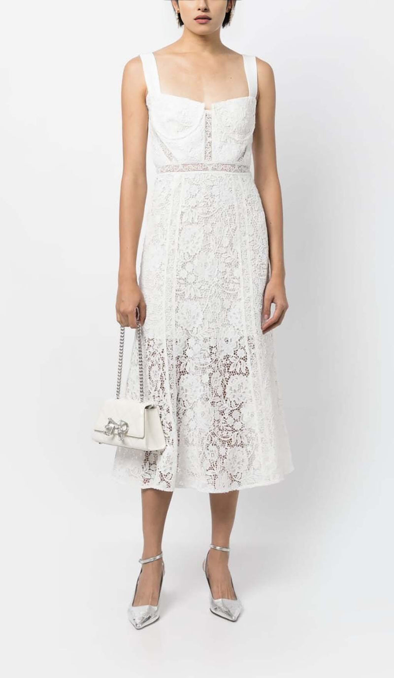 LACE DETAIL STRAPPY MIDI DRESS IN WHITE