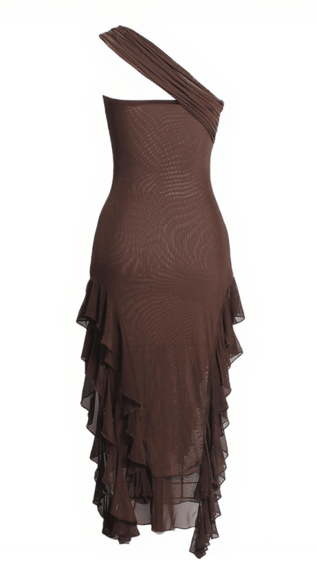 KASSIANI ASYMMETRIC SEE THROUGH RUFFLE DRESS