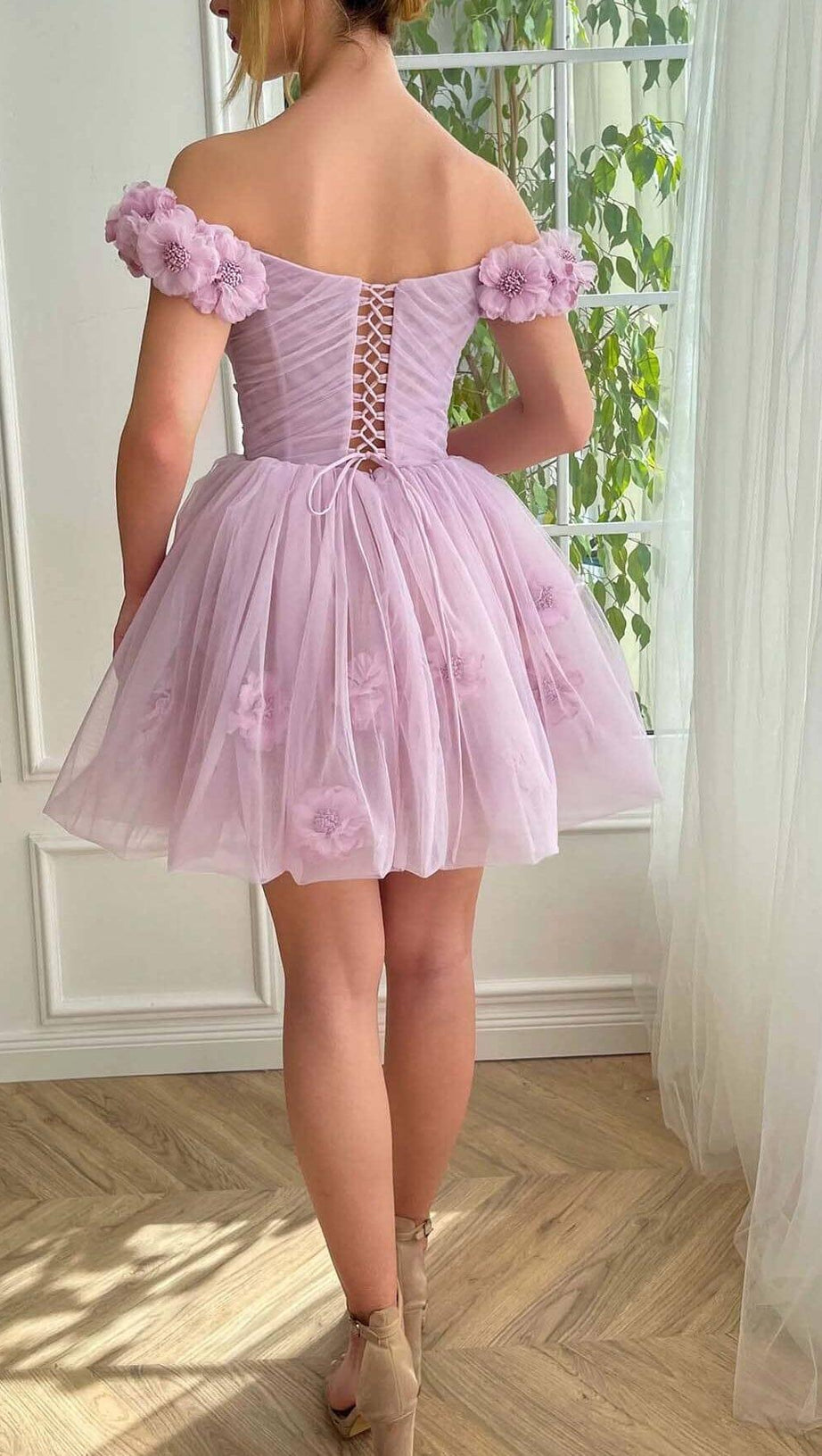 LACE FLORAL-EMBELLISHED MINI DRESS IN LILAC