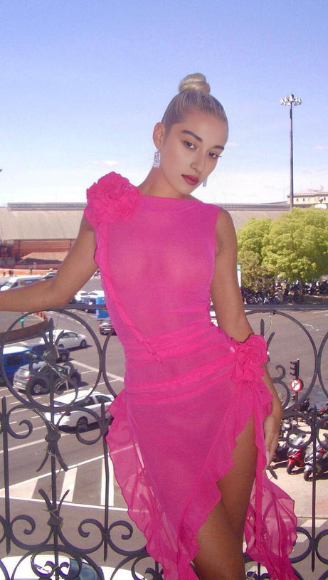 PERSPECTIVE RUFFLE MIDI DRESS IN PINK