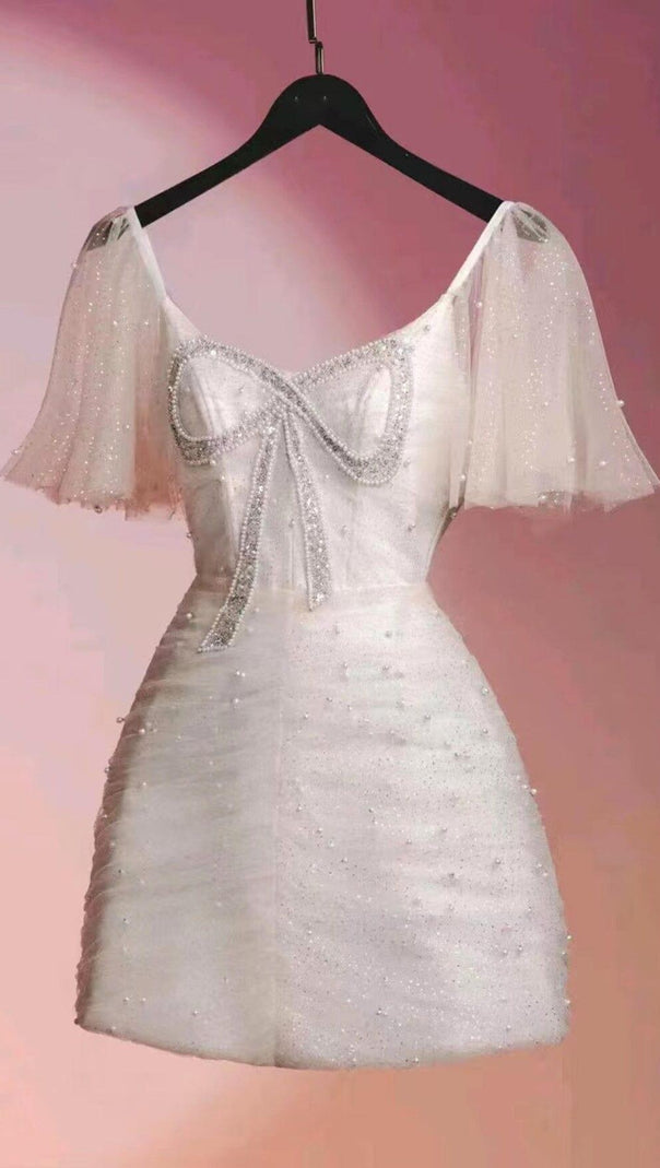 AIIZIE LACE SLEEVE BOW MINI DRESS IN WHITE - product image