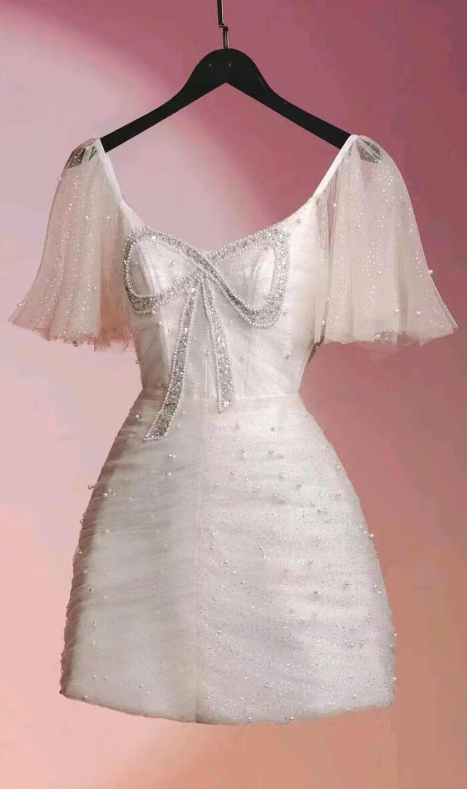 MINI ABITO CON MANICHE IN PIZZO E FIOCCO BIANCO