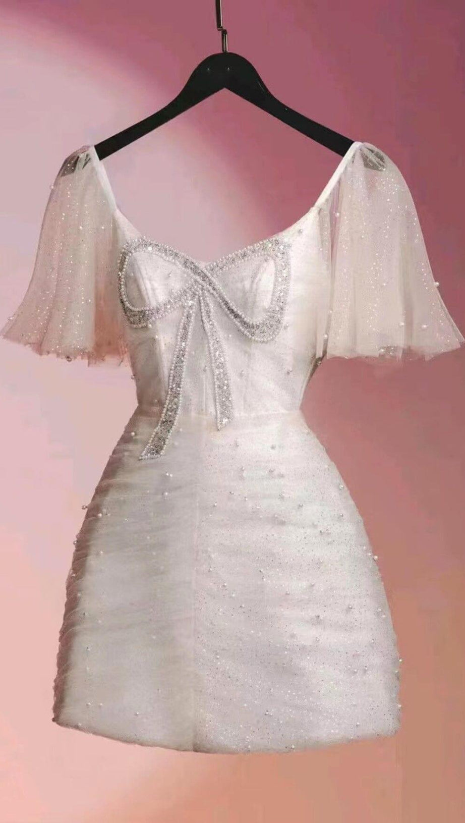 MINI ABITO CON MANICHE IN PIZZO E FIOCCO BIANCO