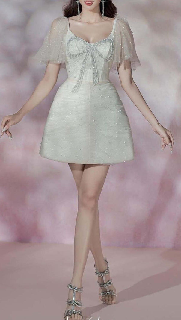 AIIZIE LACE SLEEVE BOW MINI DRESS IN WHITE - product image