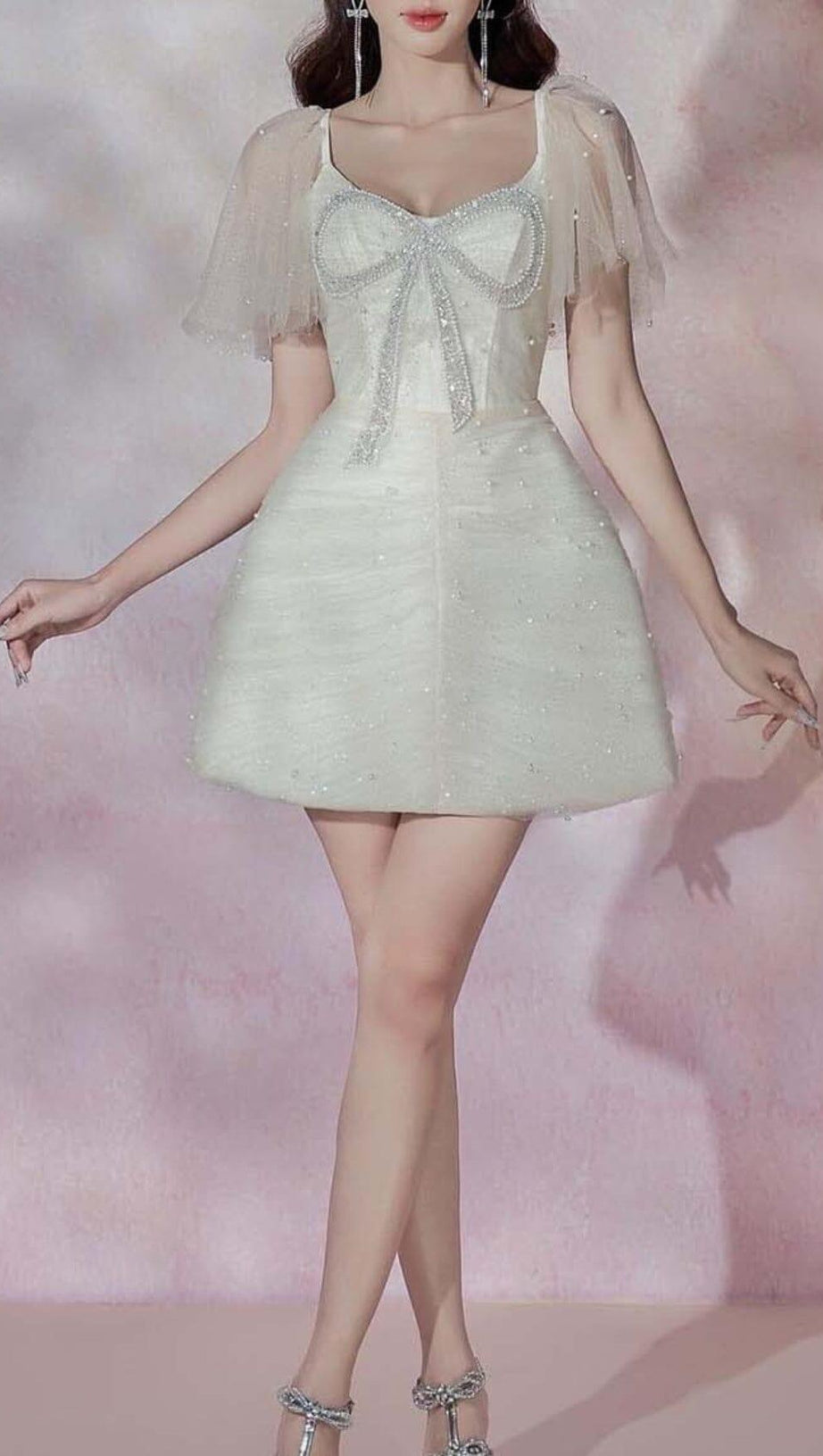 LACE SLEEVE BOW MINI DRESS IN WHITE