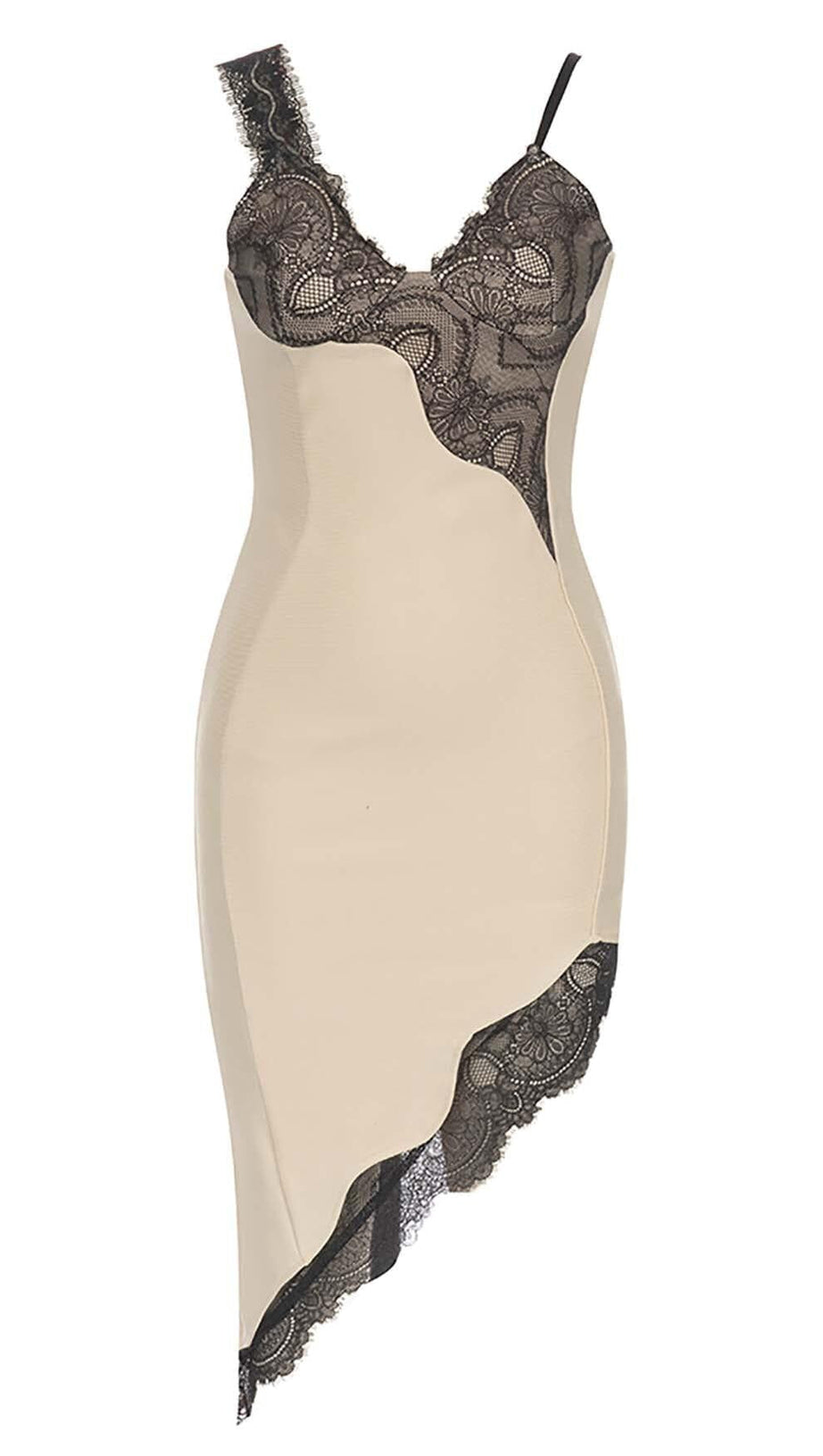 HIGH-LOW-KLEID MIT SPITZENRIEMEN IN ELFENBEIN