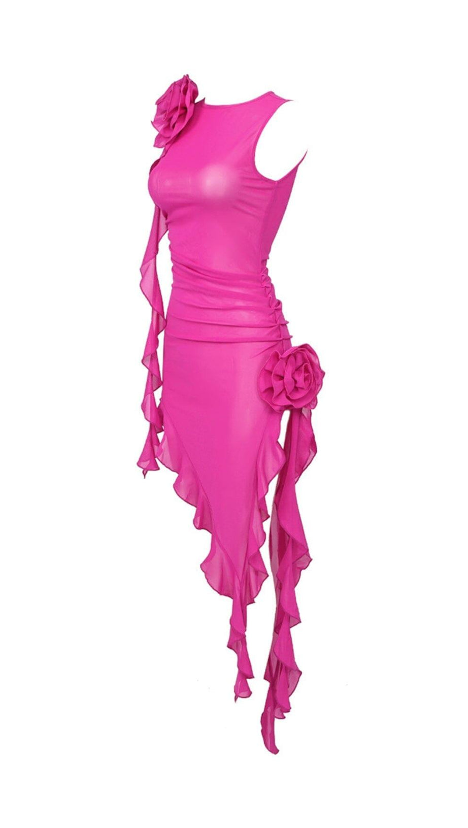 PERSPECTIVE RUFFLE MIDI DRESS IN PINK