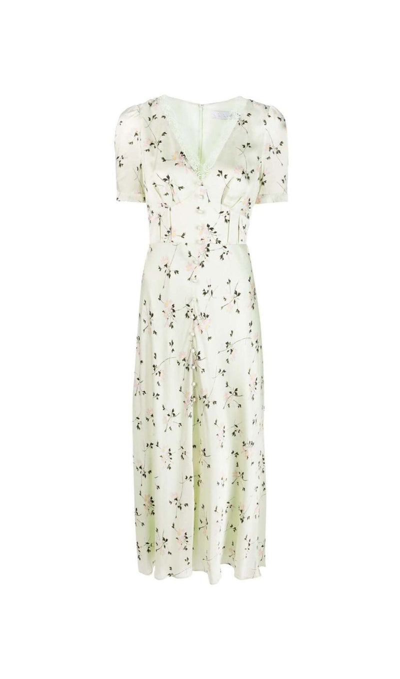 LACE TRIM FLORAL-PRINT MIDI DRESS IN LIGHT GRAYISH