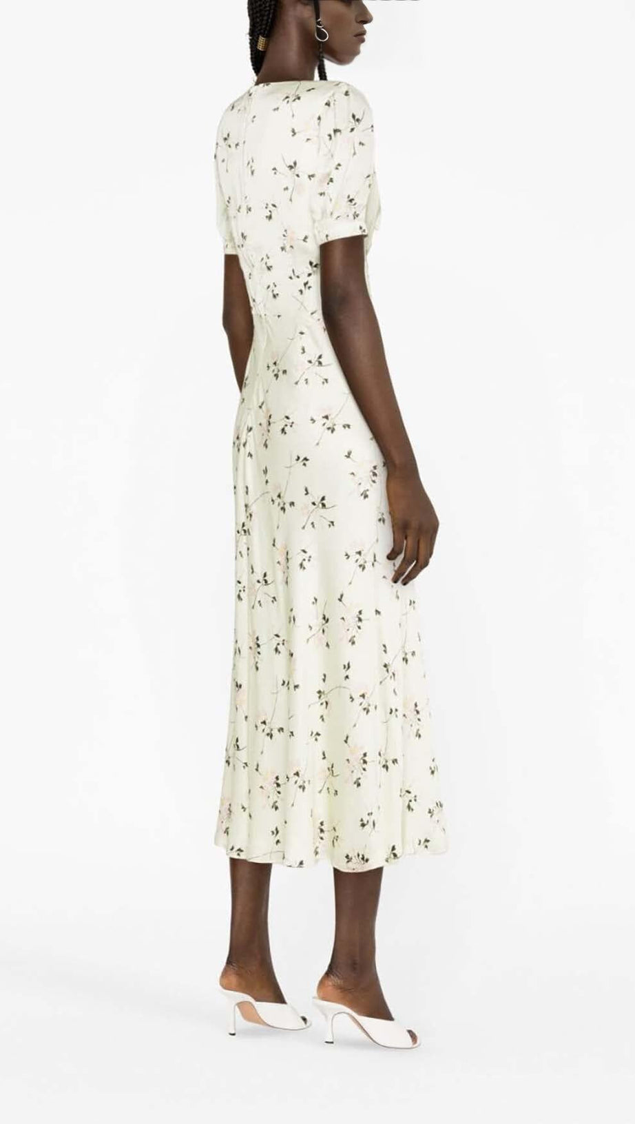 LACE TRIM FLORAL-PRINT MIDI DRESS IN LIGHT GRAYISH