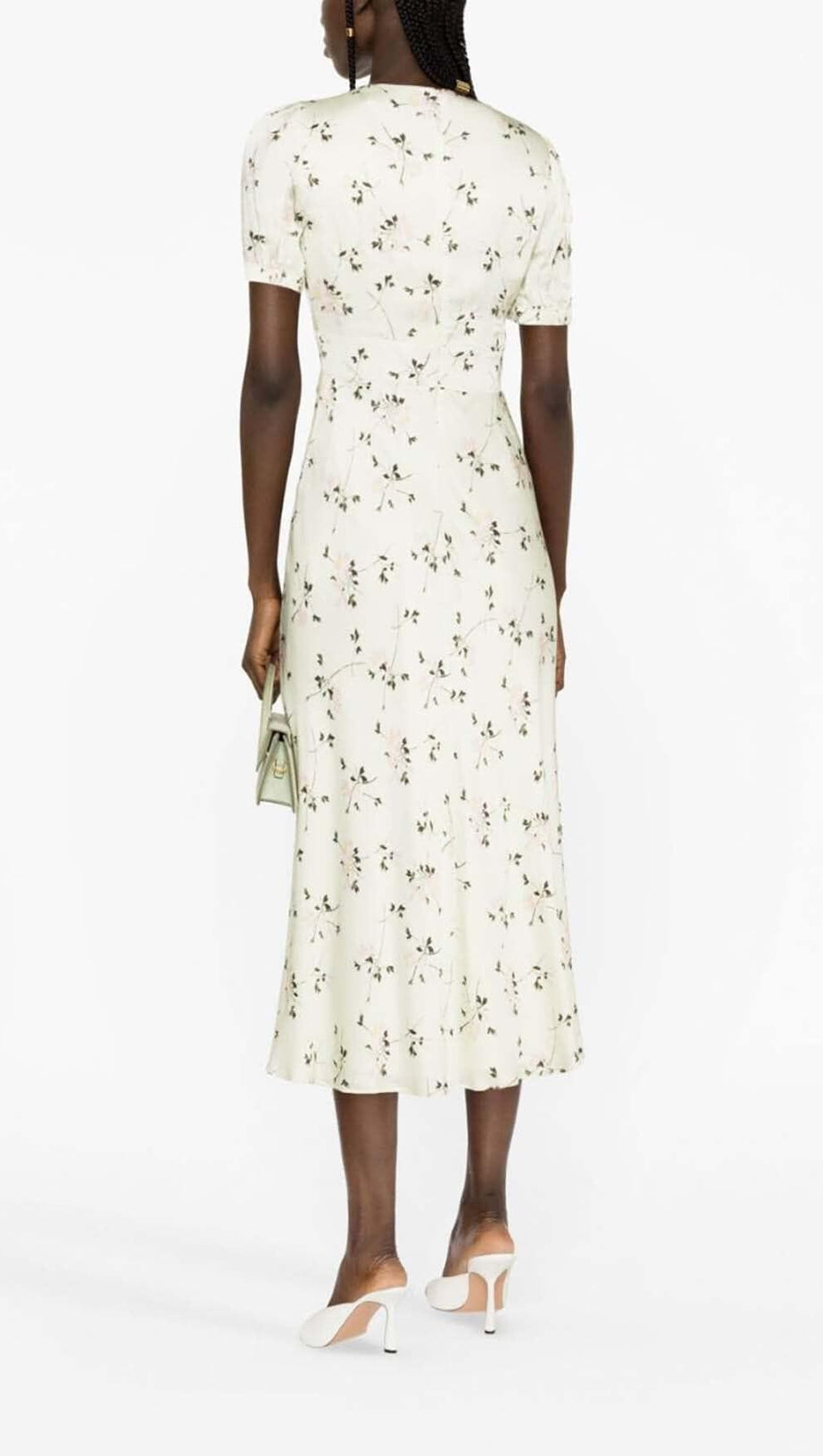 LACE TRIM FLORAL-PRINT MIDI DRESS IN LIGHT GRAYISH