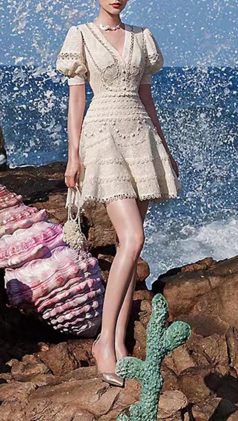 LACE V-NECK MIDI DRESS IN WHITE