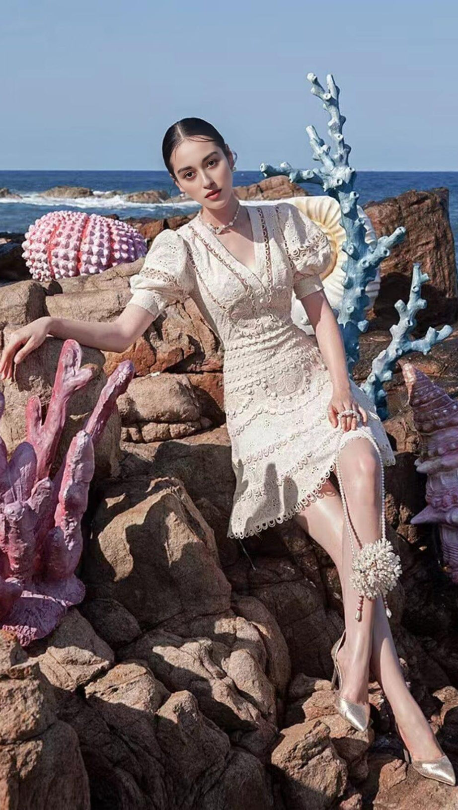 LACE V-NECK MIDI DRESS IN WHITE