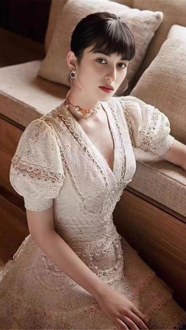 AIIZIE LACE V-NECK MIDI DRESS IN WHITE - product image