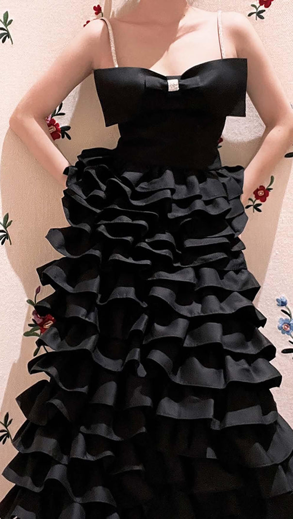 AIIZIE LAYERED BOW-EMBELLISHED MAXI DRESS IN BLACK - product image