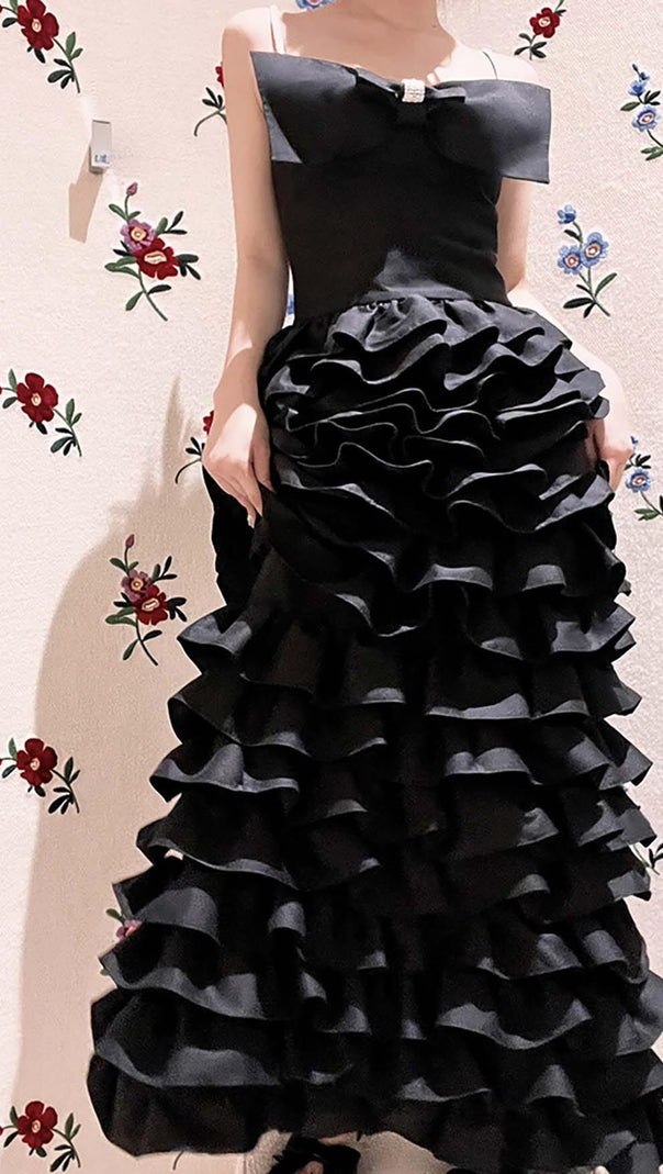 AIIZIE LAYERED BOW-EMBELLISHED MAXI DRESS IN BLACK - product image