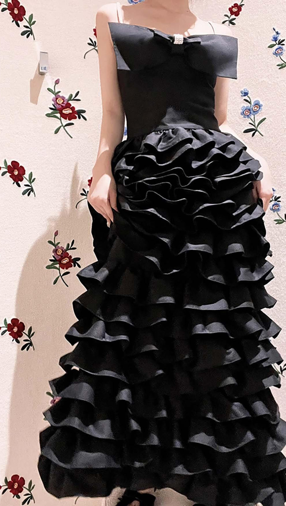 LAYERED BOW-EMBELLISHED  MAXI DRESS IN BLACK