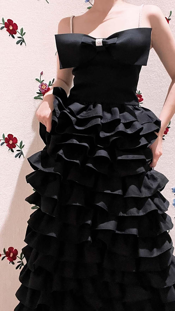 AIIZIE LAYERED BOW-EMBELLISHED MAXI DRESS IN BLACK - product image