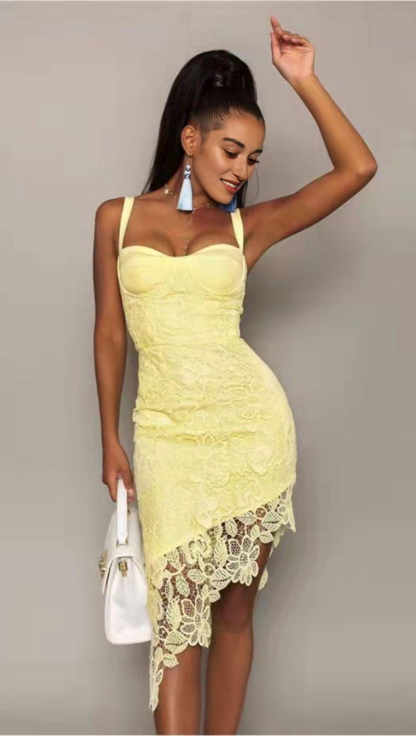 AIIZIE LEMON YELLOW LACE SHEATH DRESS - product image