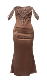 LEOPARD LAYERED MIDI DRESS IN CHOCOLATE BROWN