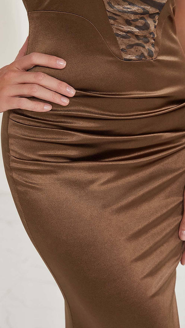 AIIZIE LEOPARD LAYERED MIDI DRESS IN CHOCOLATE BROWN - product image