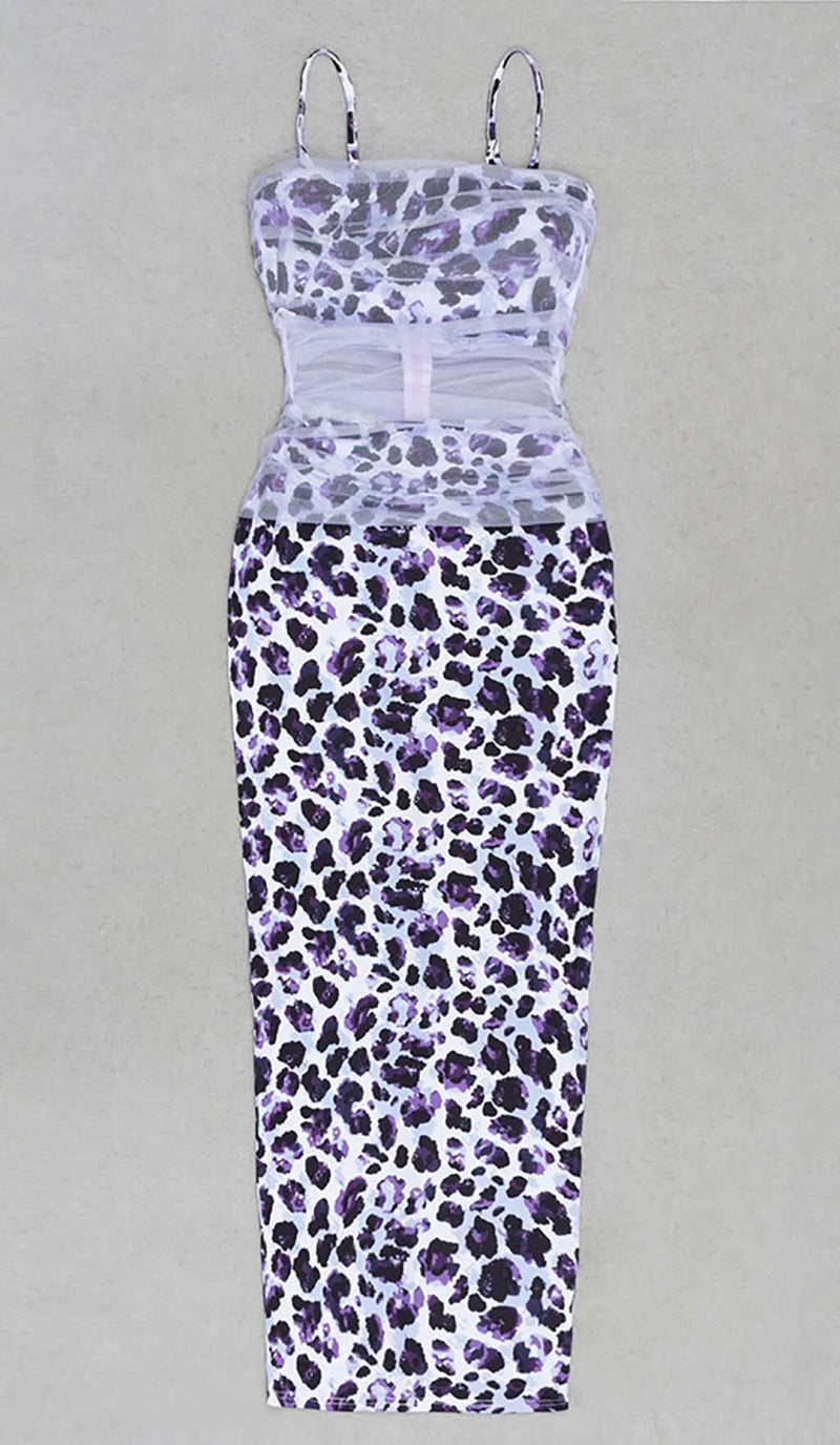 LEOPARD OUT MESH MIDI DRESS IN LAVENDER