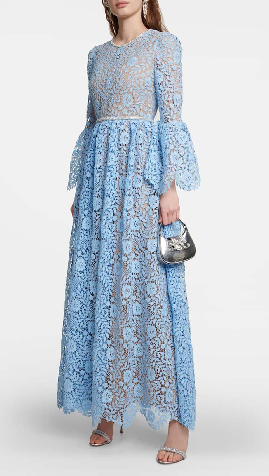 LONG SLEEVE ROSE LACE MAXI DRESS IN BLUE
