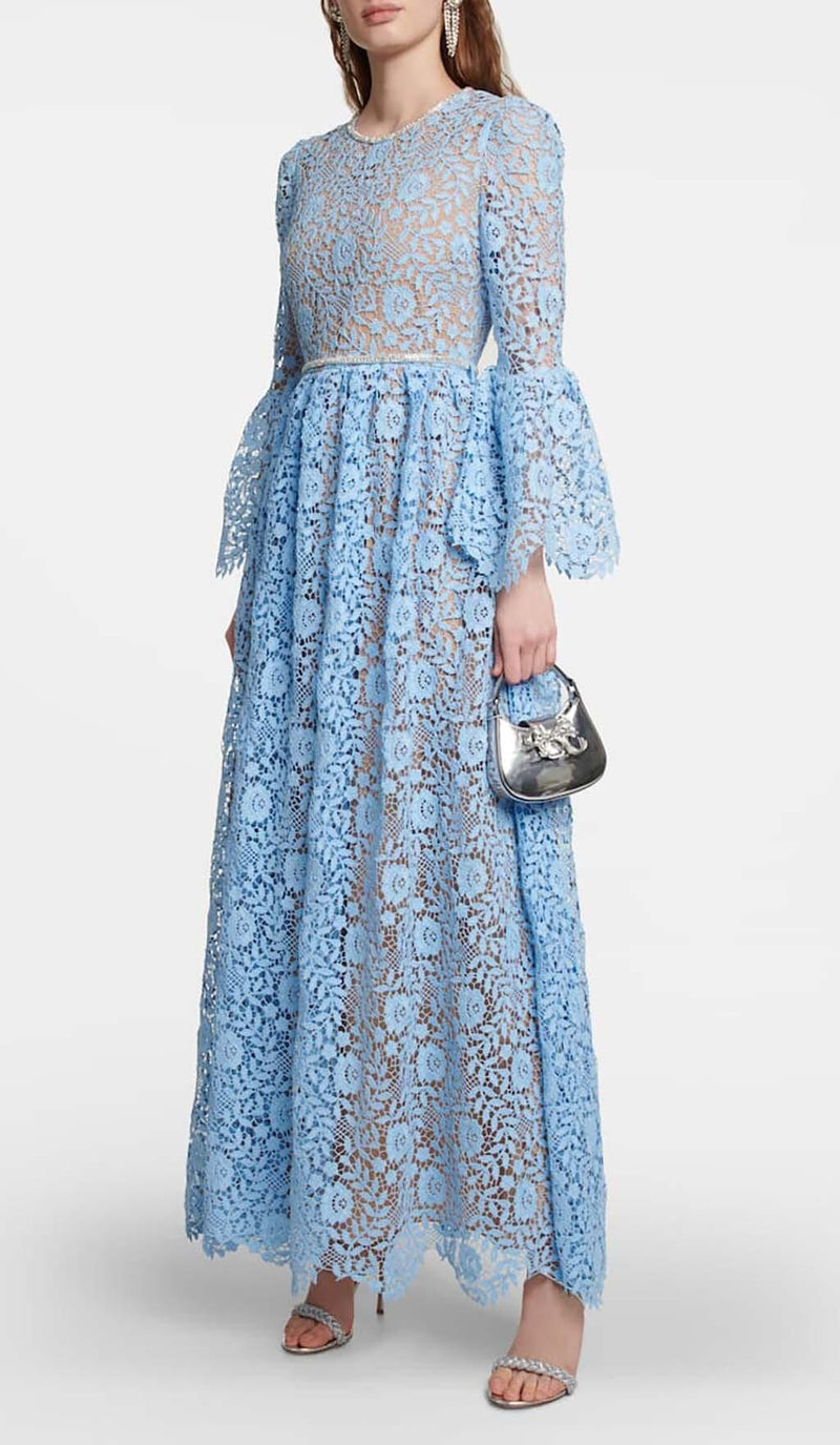 LONG SLEEVE ROSE LACE MAXI DRESS IN BLUE