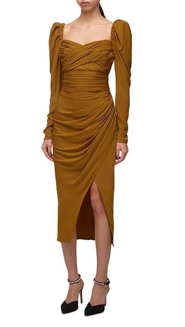 AIIZIE LONG SLEEVE SQUARE COLLAR MIDI DRESS IN BROWN - product image