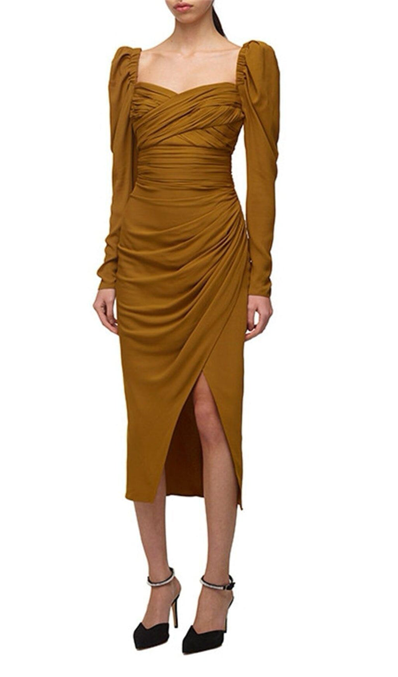 LONG SLEEVE SQUARE COLLAR MIDI DRESS IN BROWN