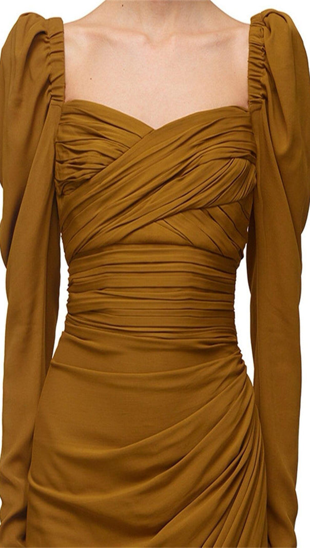 AIIZIE LONG SLEEVE SQUARE COLLAR MIDI DRESS IN BROWN - product image