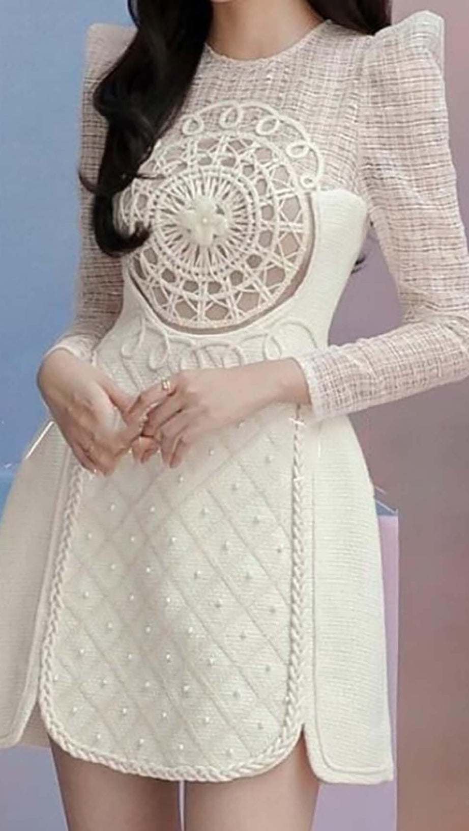 LONG-SLEEVE EMBROIDERED LACE MINI DRESS IN BEIGE