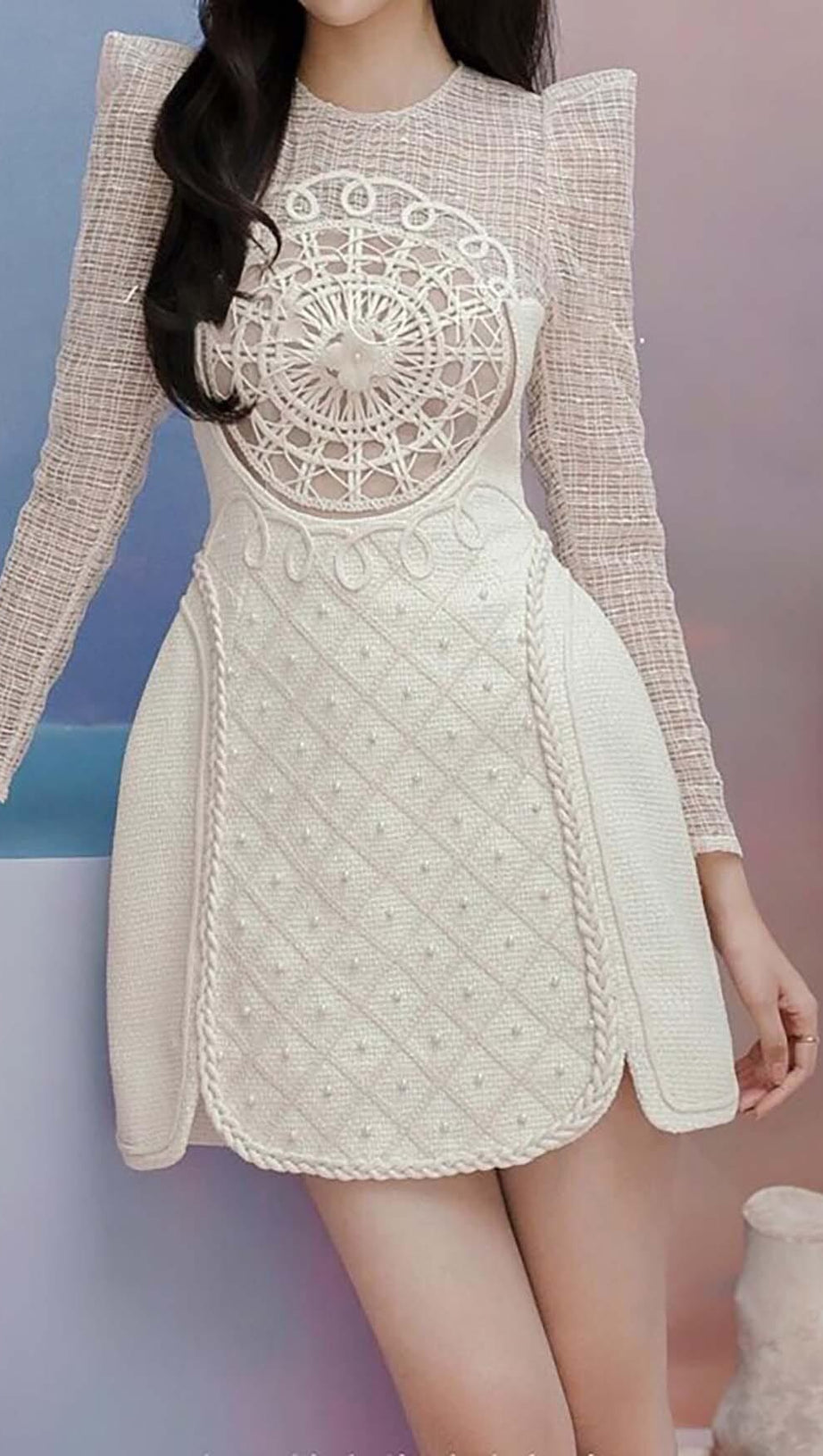LONG-SLEEVE EMBROIDERED LACE MINI DRESS IN BEIGE