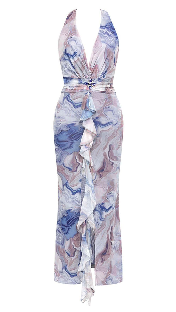 AIIZIE MARBLE PRINT BACKLESS RUFFLE MIDI DRESS - product image