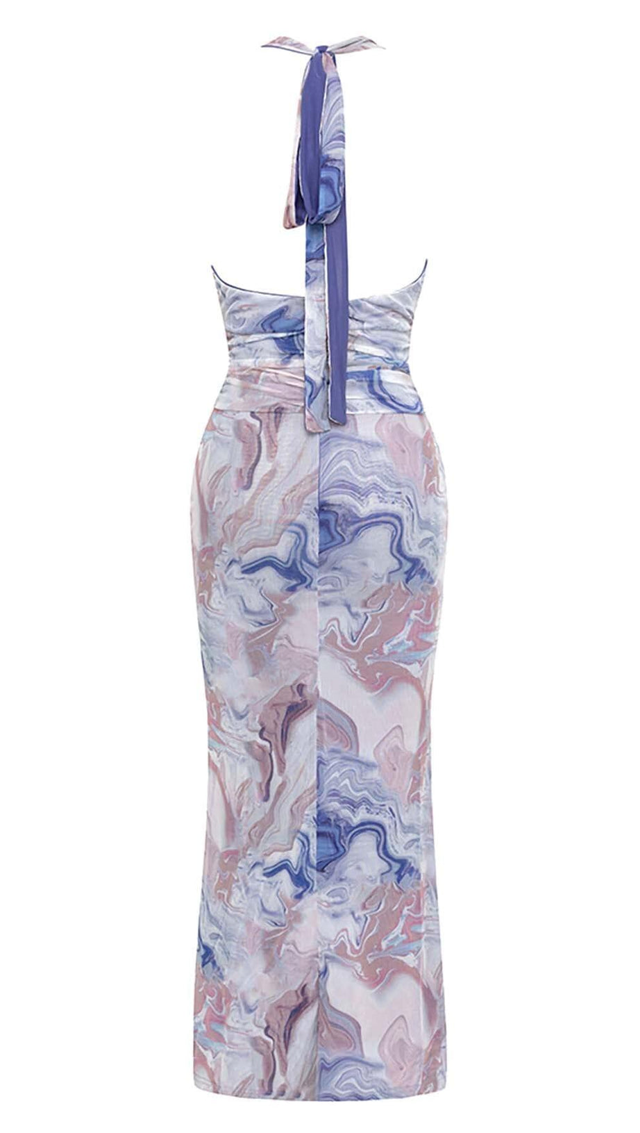 MARBLE PRINT BACKLESS RUFFLE MIDI DRESS