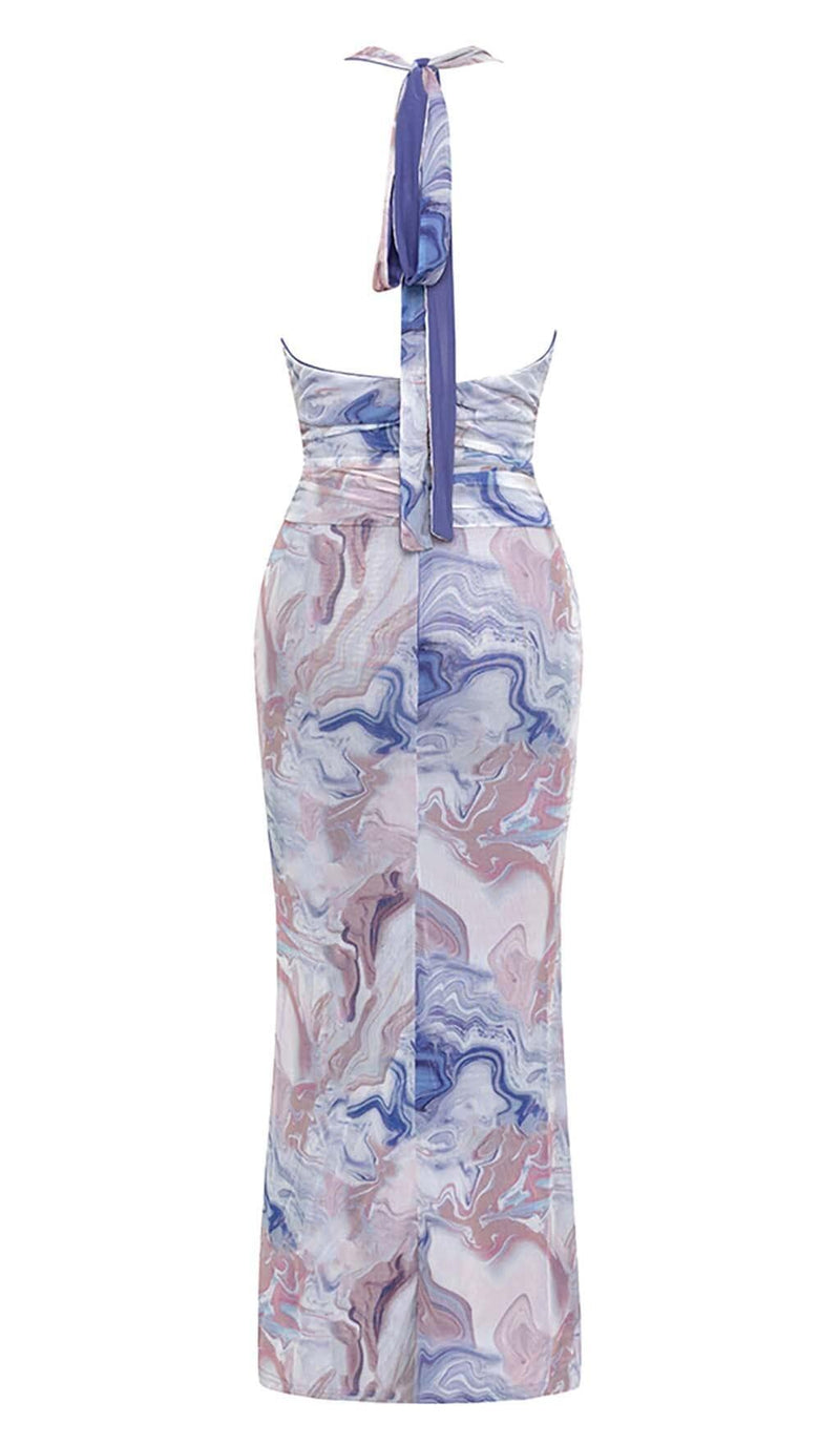 MARBLE PRINT BACKLESS RUFFLE MIDI DRESS